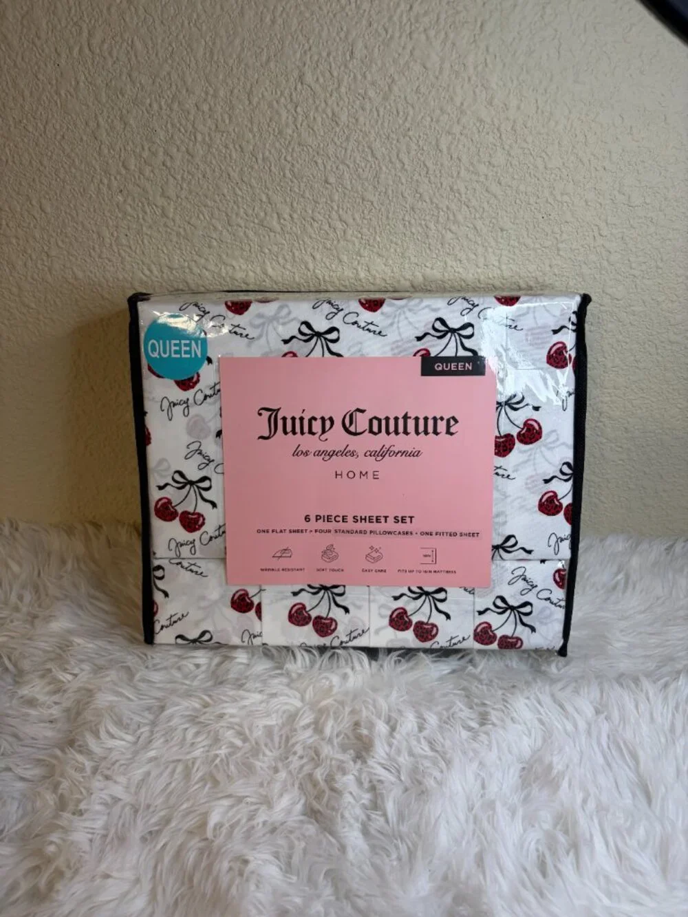 Juicy Couture Queen Cherry Bow Sheet Set 6 Pc White Black Pink NWT